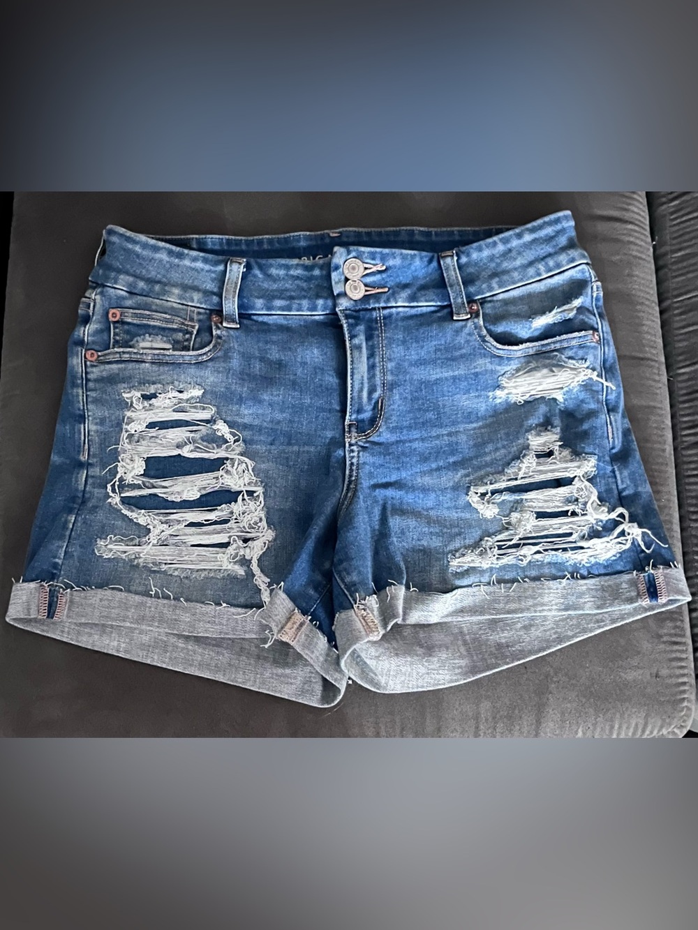 American Eagle Distressed Fold Hem Denim Shorts - Blue
